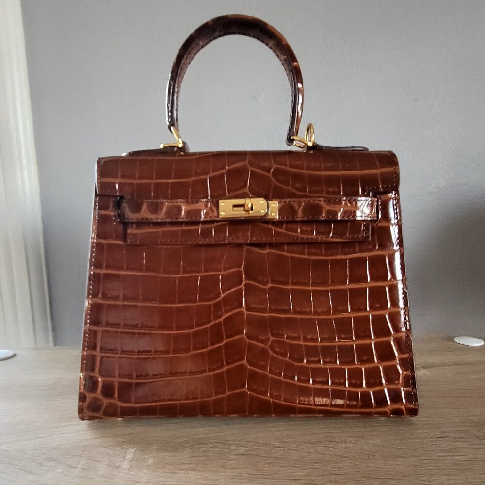 Tiffany & Fred Paris Brown Croc Alligator Embossed Top Handle Shoulder Bag
